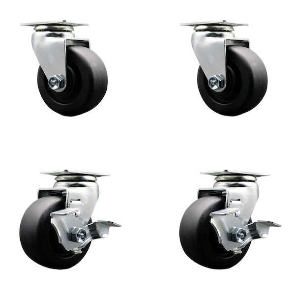 4 Inch Polyolefin Swivel Caster Set with Ball Bearings 2 Brakes SCC
